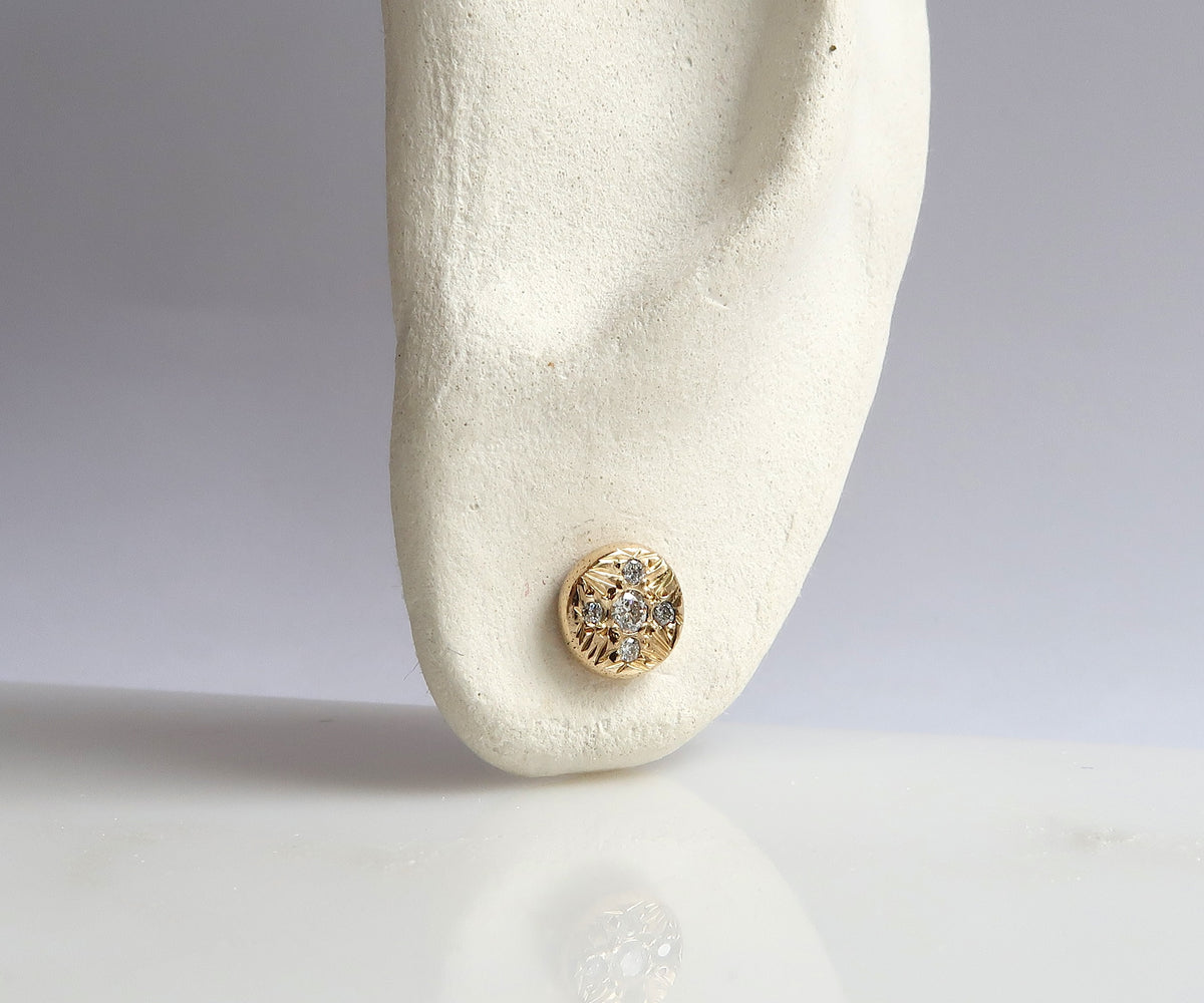 Gold and Diamond Flat Disc Studs with engraving
