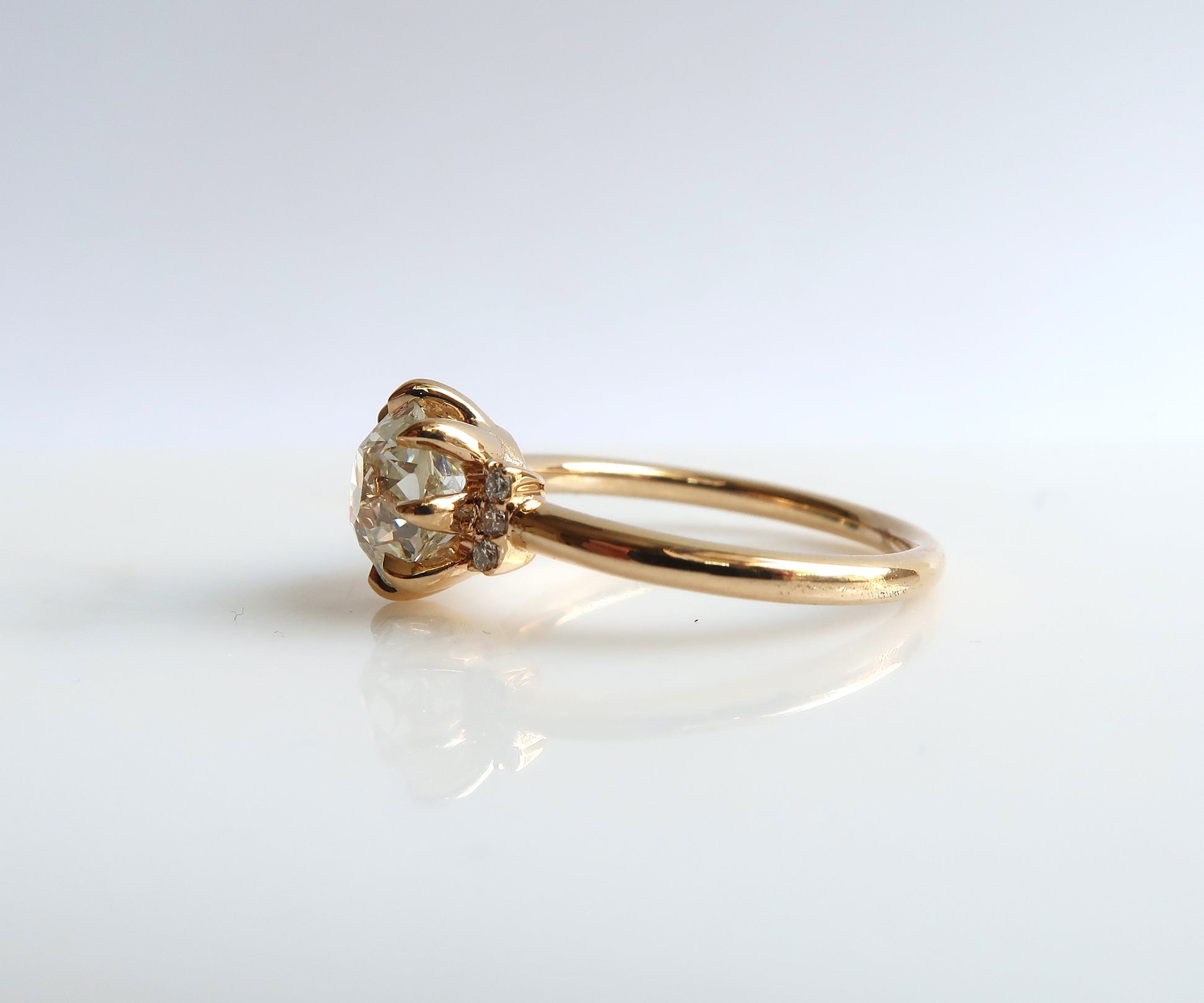 Eight prong old European cut diamond ring in yellow gold
