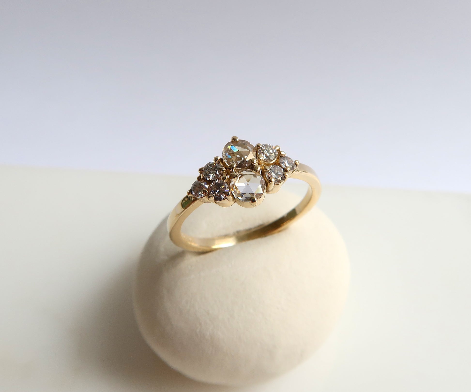 Rose cut diamond cluster ring in yellow gold