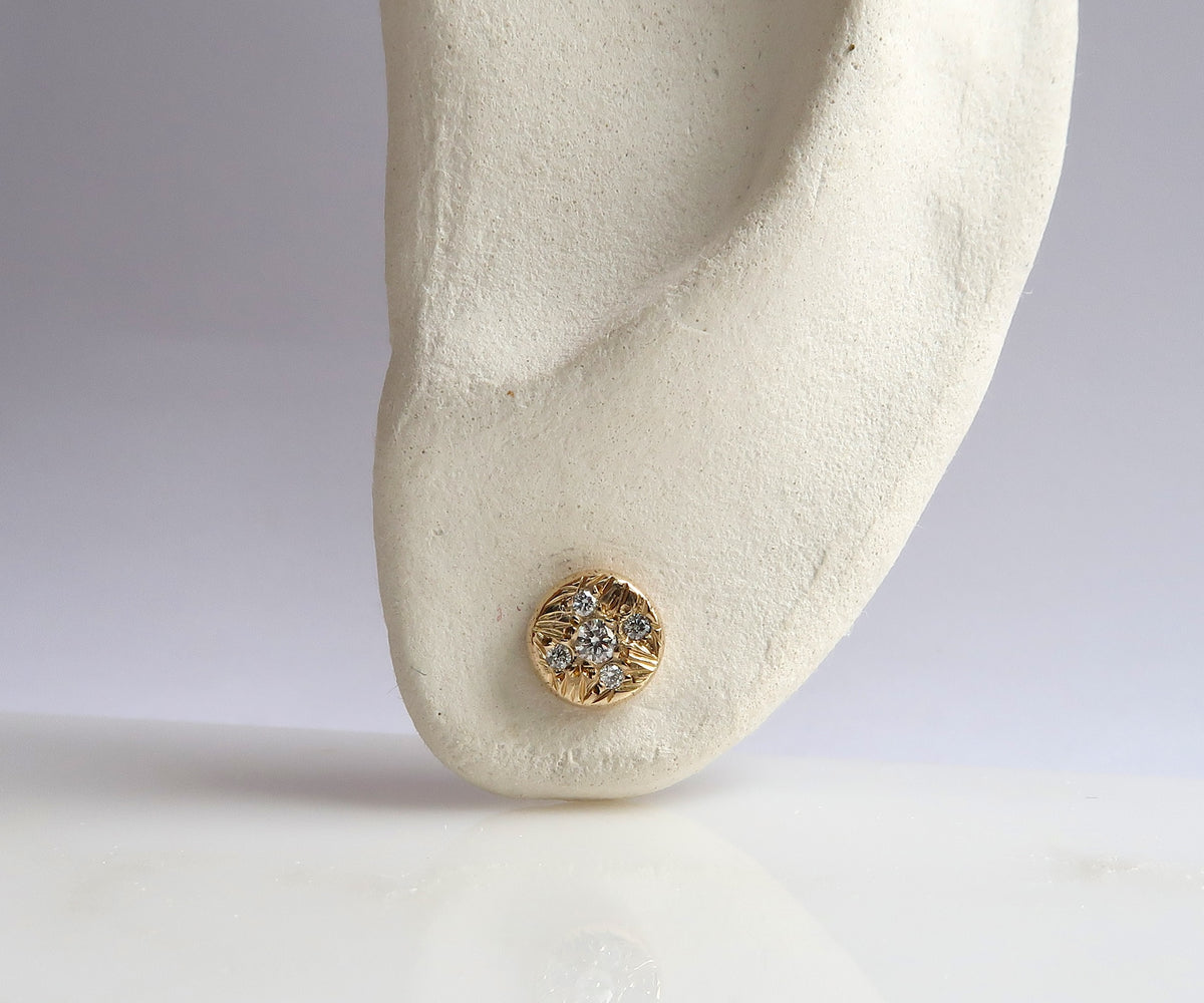 Gold and Diamond Flat Disc Studs with engraving