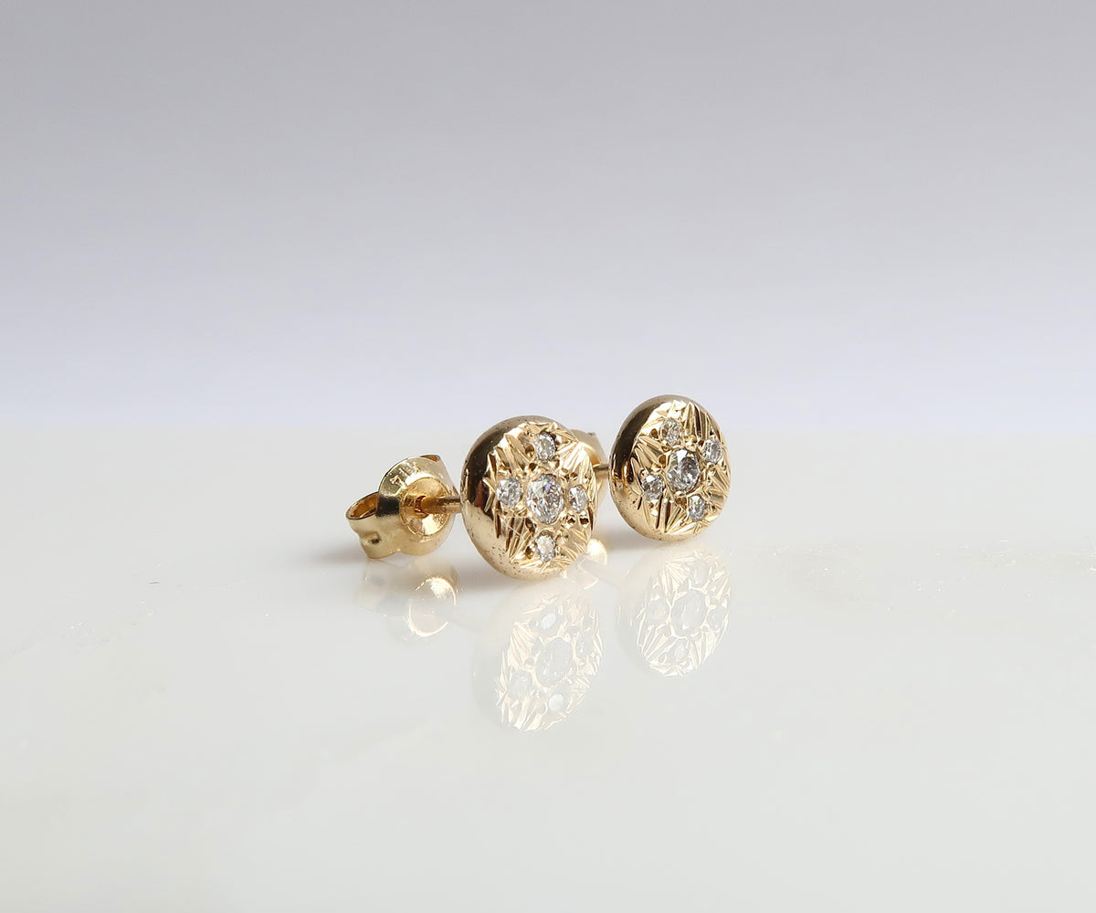 Gold and Diamond Flat Disc Studs with engraving