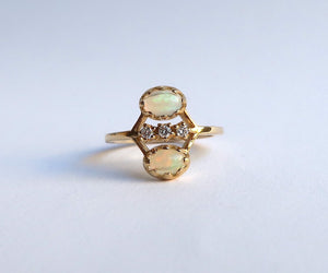 Nishi Cabochon Opal and Diamond Twin Ring Yellow Gold