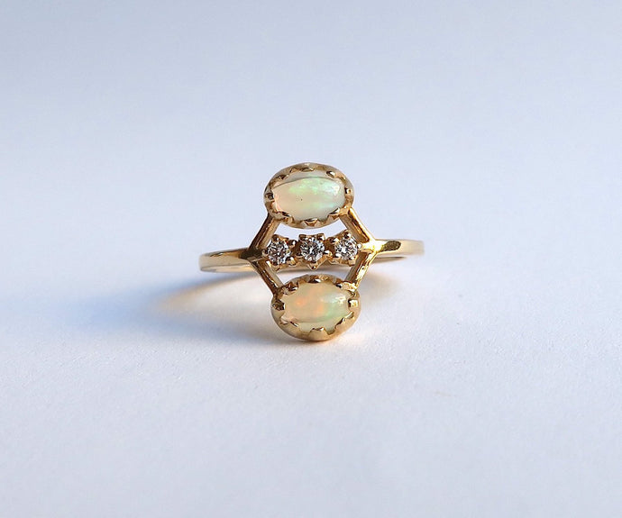 Nishi Cabochon Opal and Diamond Twin Ring Yellow Gold