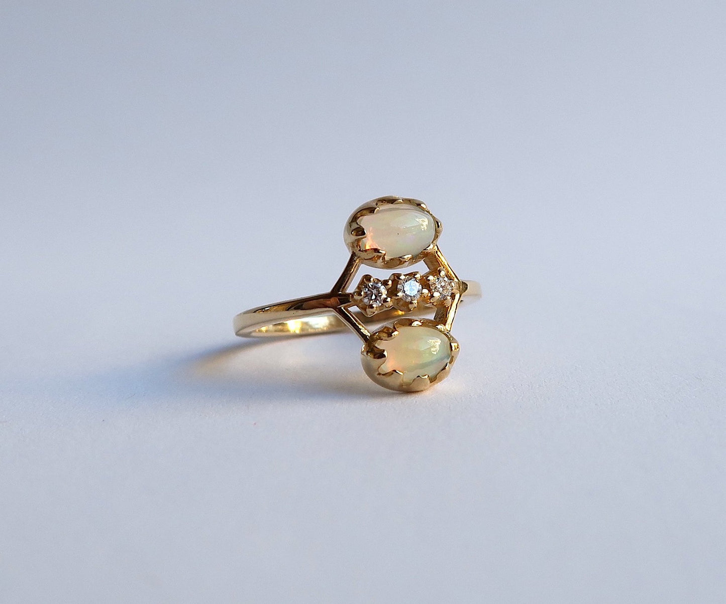Nishi Cabochon Opal and Diamond Twin Ring Yellow Gold