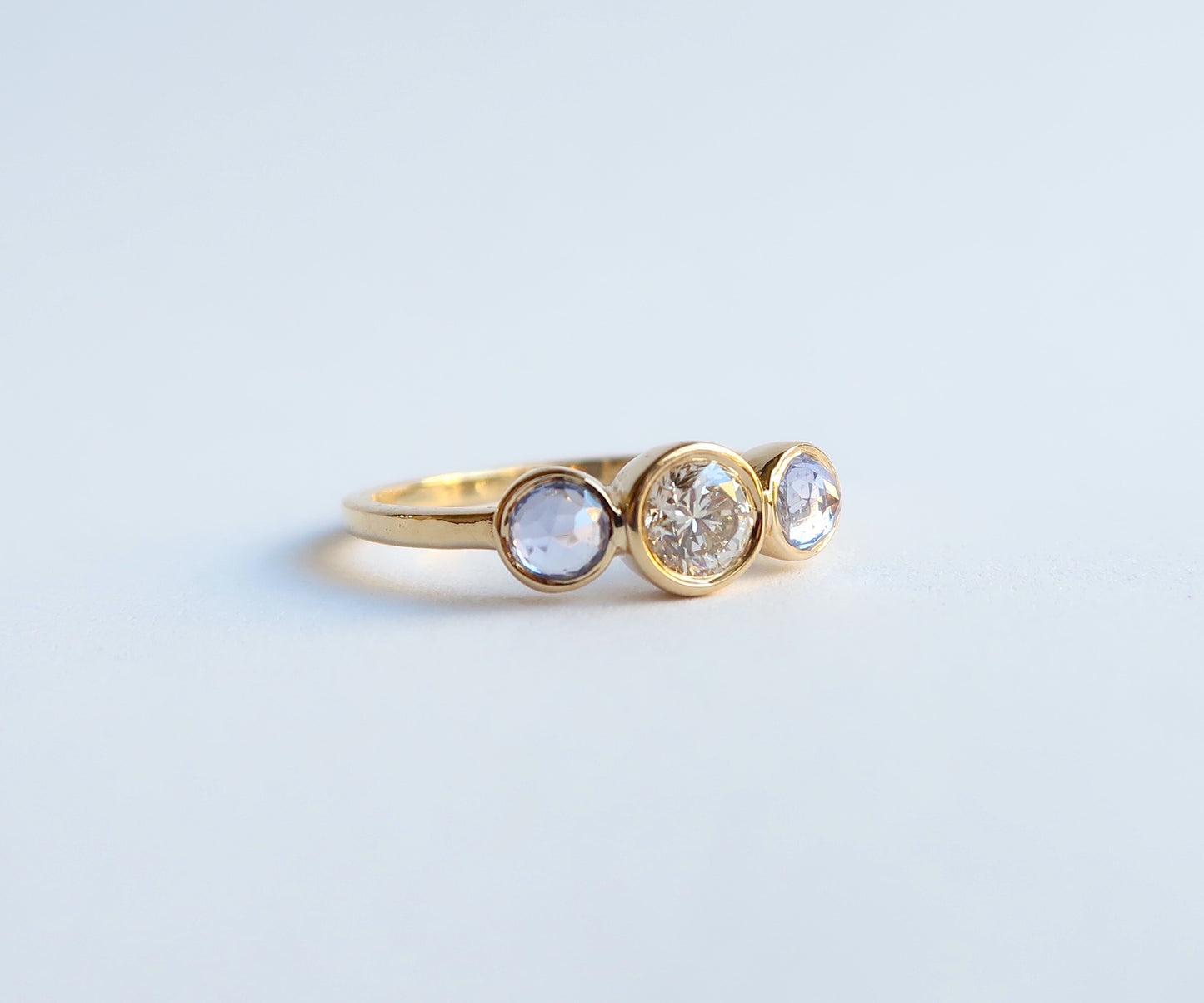 Nishi Diamond and Rose Cut Sapphire Three Stone Gold Ring