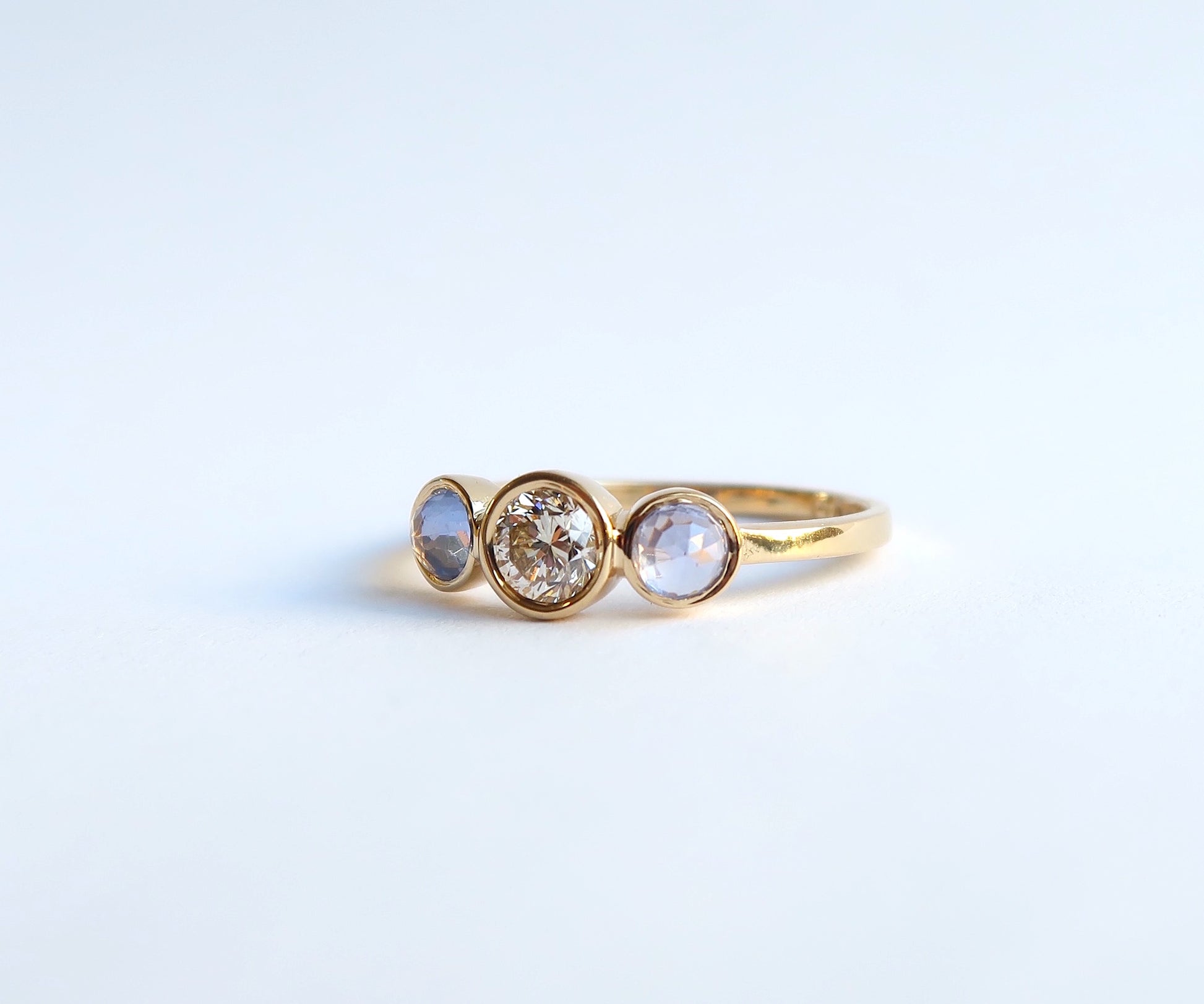 Nishi Diamond and Rose Cut Sapphire Three Stone Gold Ring