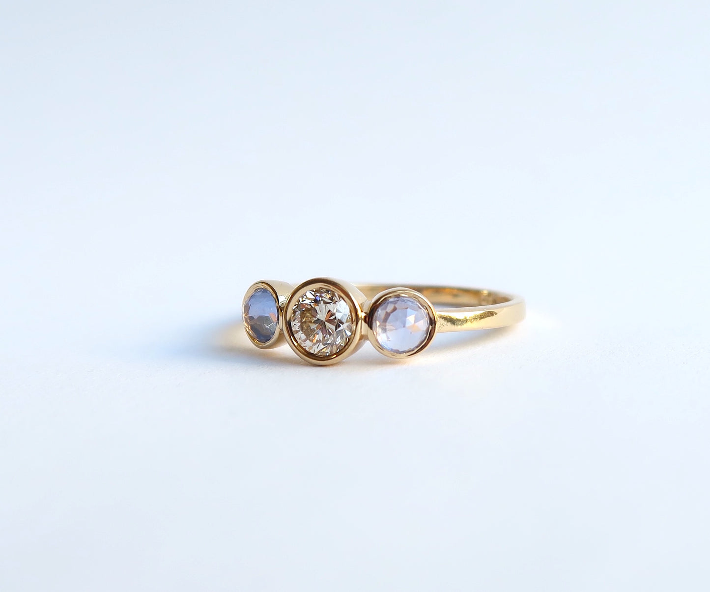 Nishi Diamond and Rose Cut Sapphire Three Stone Gold Ring