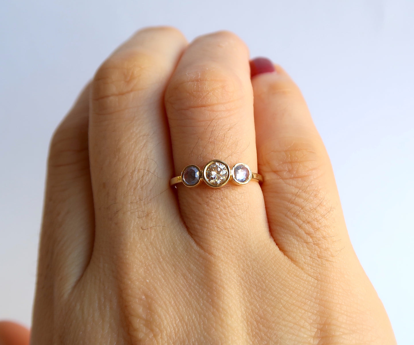 Nishi Diamond and Rose Cut Sapphire Three Stone Gold Ring