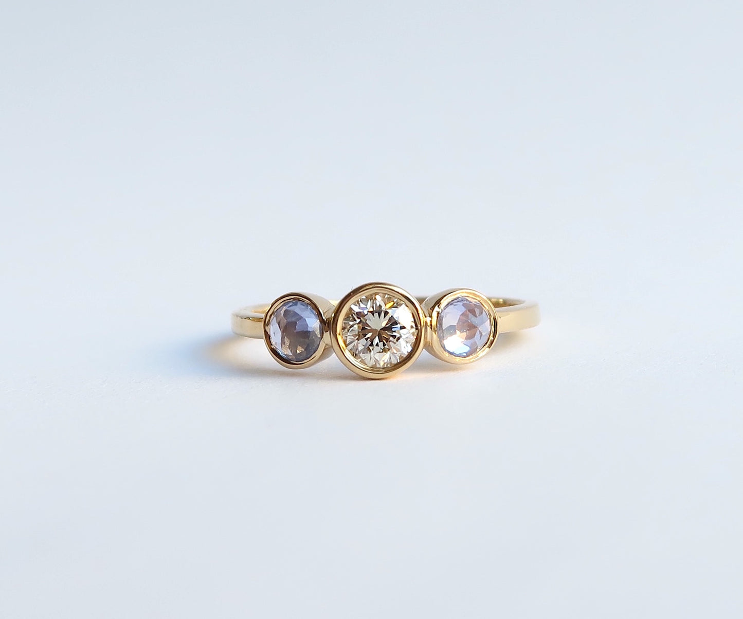 Nishi Diamond and Rose Cut Sapphire Three Stone Gold Ring