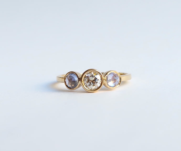 Nishi Diamond and Rose Cut Sapphire Three Stone Gold Ring
