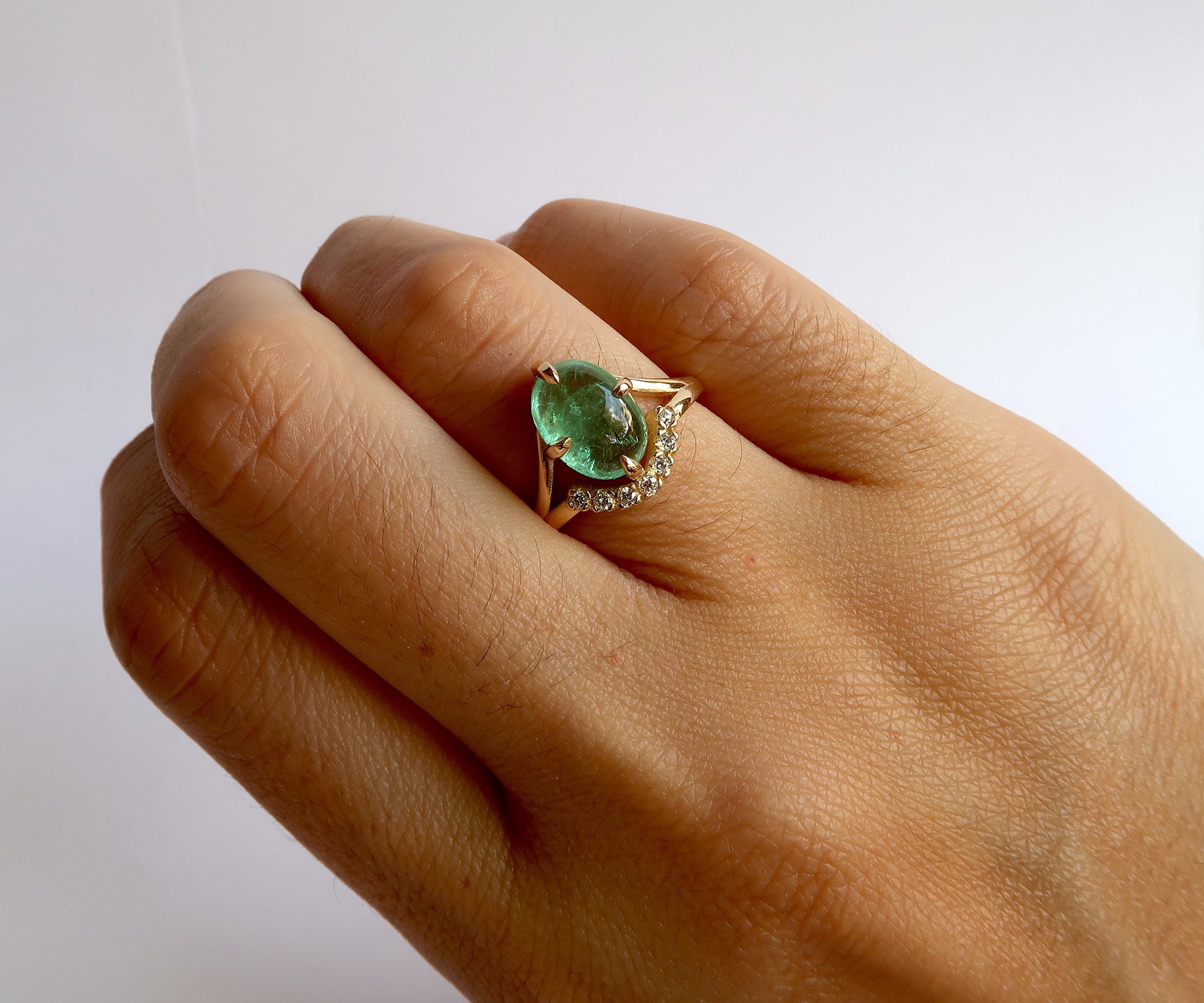 Nishi Emerald Cabochon and Diamond Gold Ring