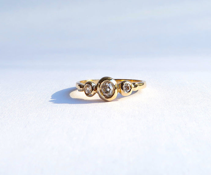 Old Mine Cut Diamond 3 Stone Ring