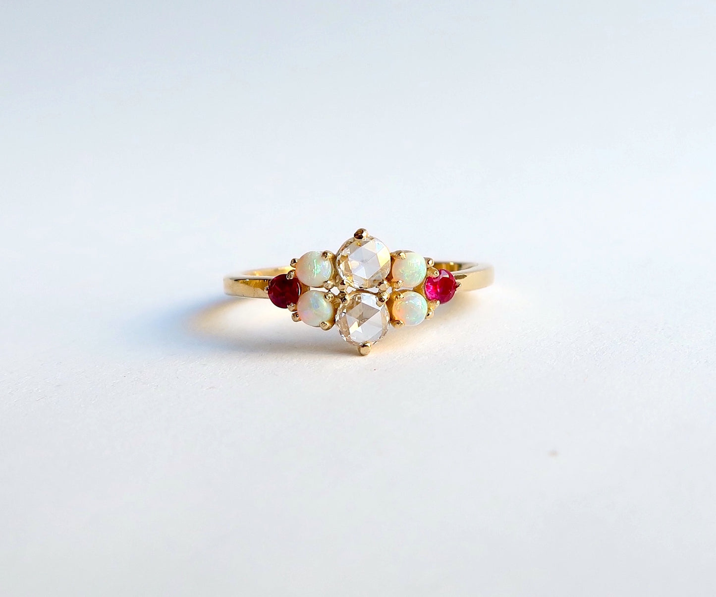 Nishi Rose Cut Diamond Opal and Ruby Yellow Gold Ring