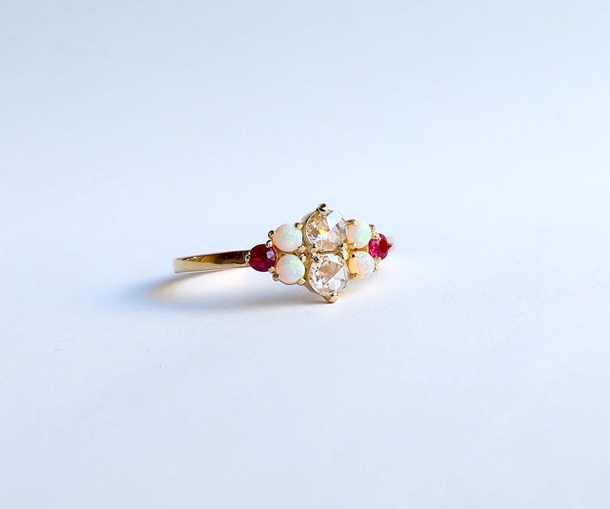 Nishi Rose Cut Diamond Opal and Ruby Yellow Gold Ring